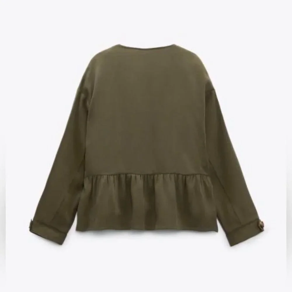 NWT ZARA Viscose Blend Ruffle Peplum Army Green Jacket Open Front 4968/068/M‎
